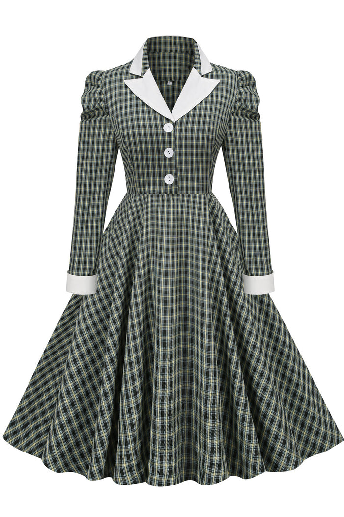 Dark Green Lapel Long Sleeves A-line Plaid Dress