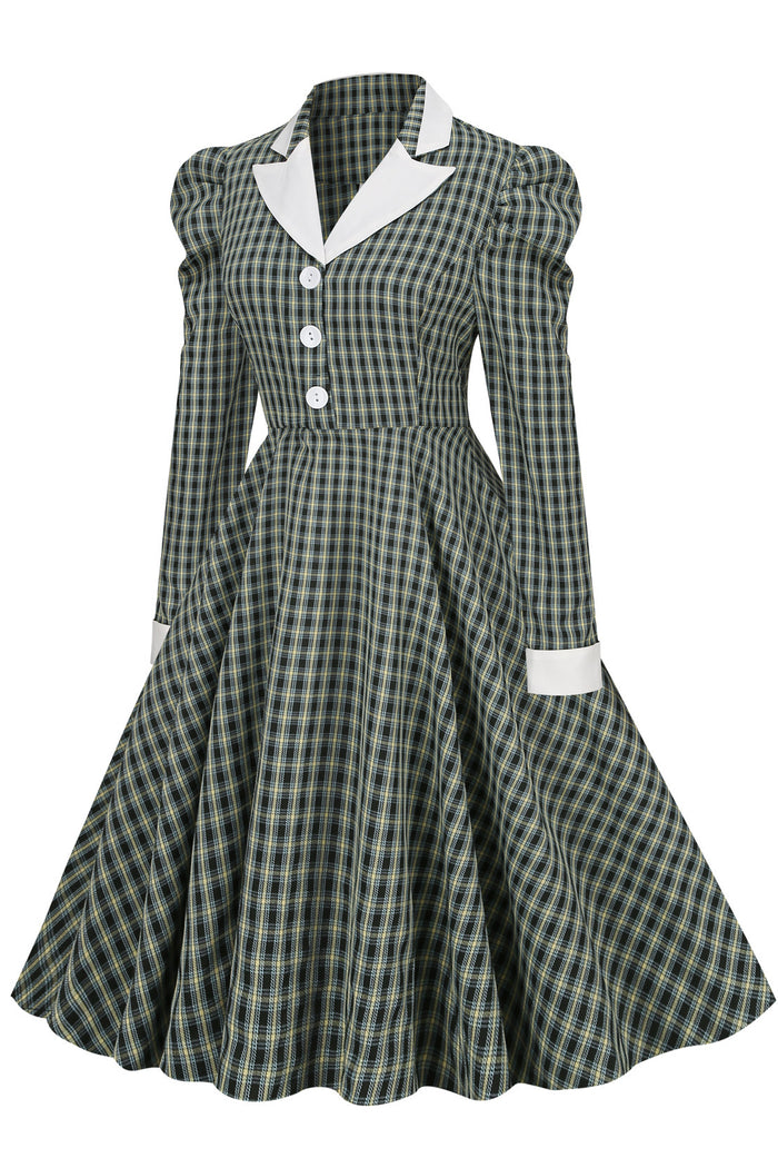 Dark Green Lapel Long Sleeves A-line Plaid Dress
