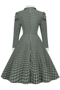 Dark Green Lapel Long Sleeves A-line Plaid Dress