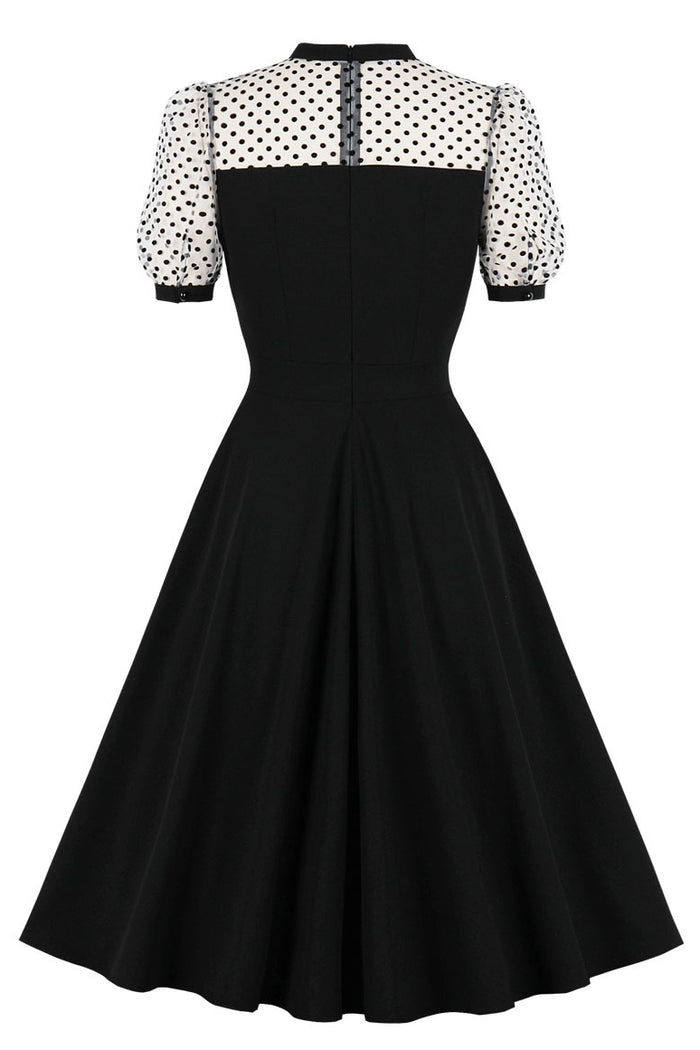 Black Dot Short Sleeves Black A-line Vintage Dress