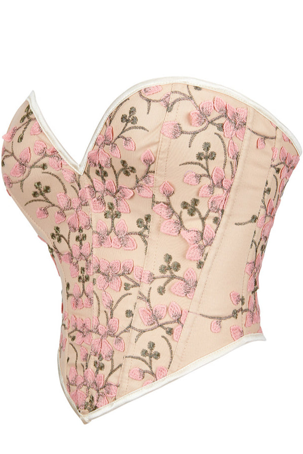 Apricot Floral Embroidery Strapless Lace-Up Corset Top