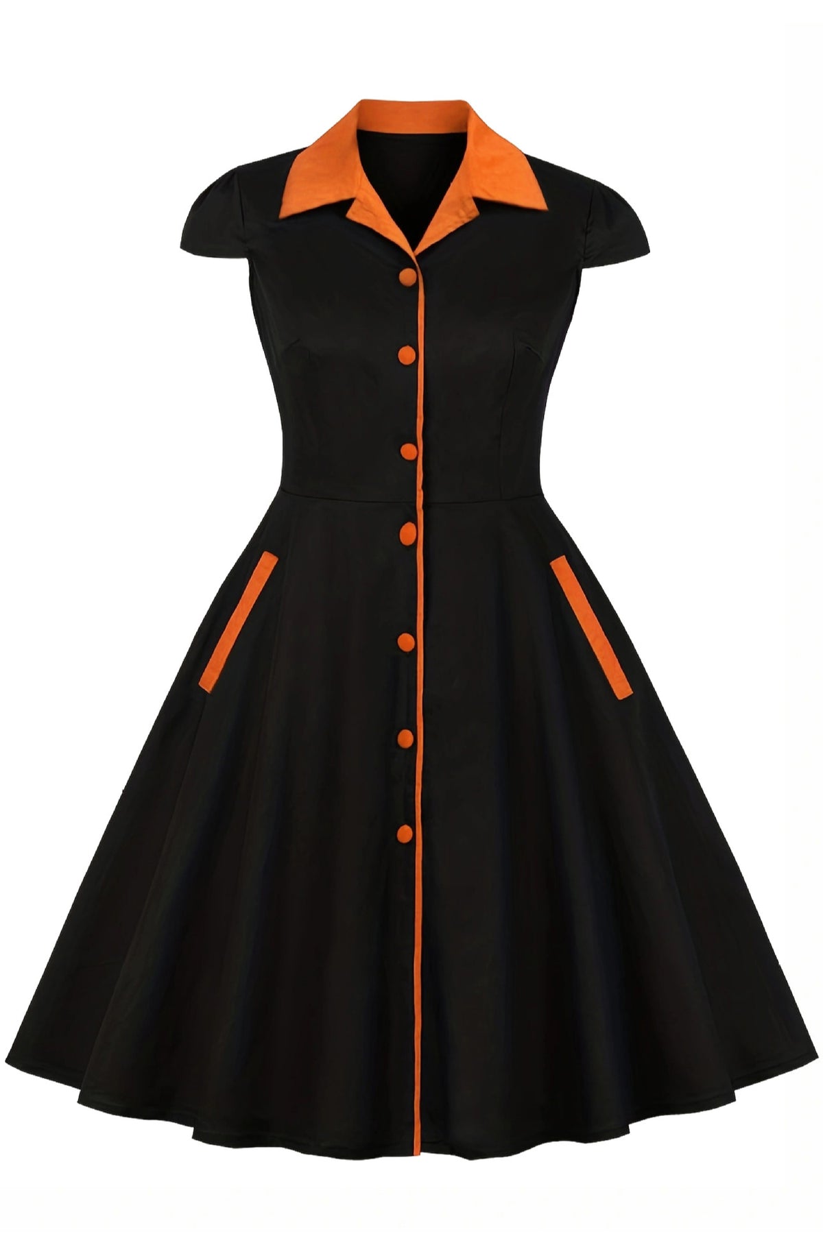 Black Lapel A-line Buttons Cap Sleeves Vintage Dress