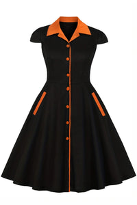 Black Lapel A-line Buttons Cap Sleeves Vintage Dress