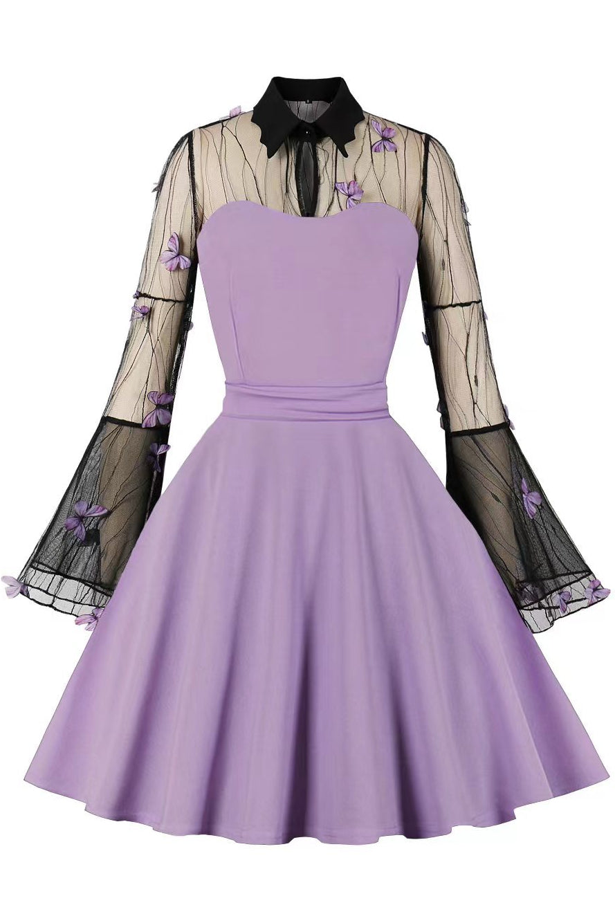 Halloween Lavender Bell Sleeves Butterfly A-line Vintage Dress