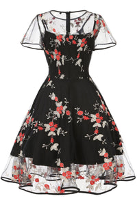 Black Embroidery Flaunt Sleeves A-line Vinatge Dress