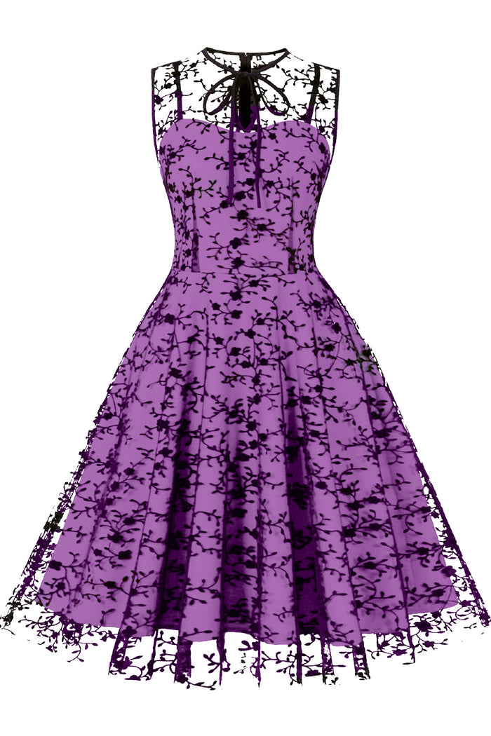 Purple Embroidery Sleeveless A-line Vintage Dress