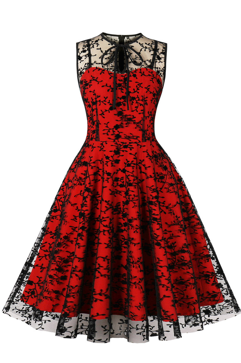 Red Embroidery Sleeveless A-line Vintage Dress