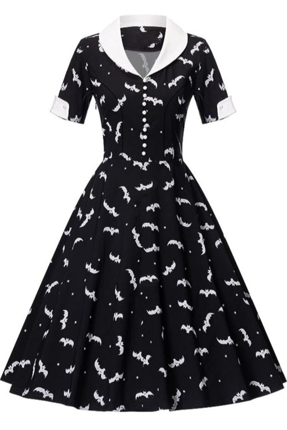 Black Halloween Bat Prints A-line Vintage Dress