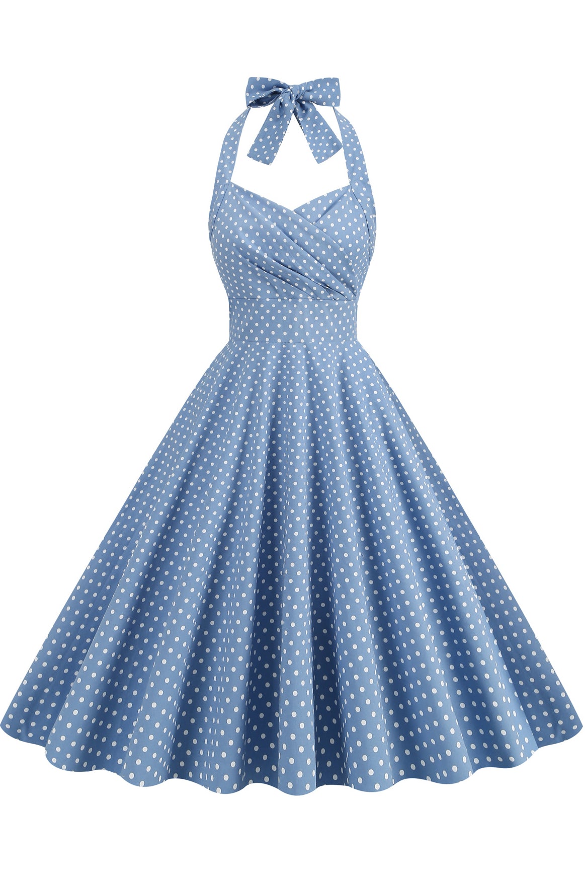 Herbene Light Blue Dot Bow Tie Halter Dress