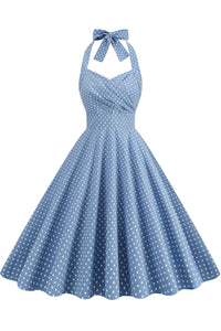 Herbene Light Blue Dot Bow Tie Halter Dress