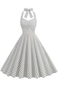 Herbene White Dot Bow Tie Halter Dress