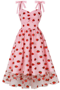 Herbene Pink Cherry Bow Tie Straps A-line Vintage Dress