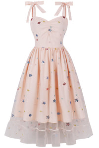 Herbene Blush Pink Prints Bow Tie Straps A-line Vintage Dress