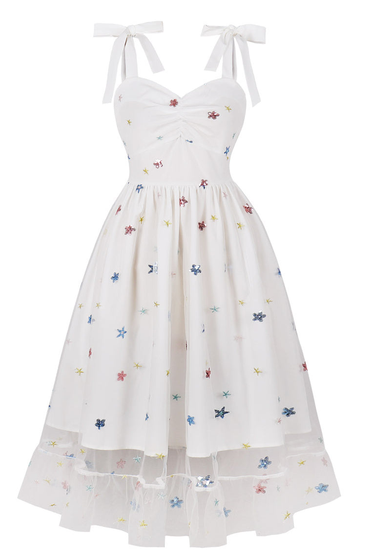 Herbene White Prints Bow Tie Straps A-line Vintage Dress