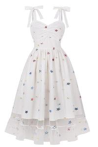 Herbene White Prints Bow Tie Straps A-line Vintage Dress