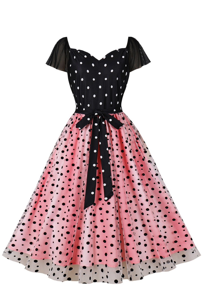Pink Dot Black Top Bow Tie Sash A-line Vintage Dress