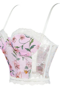 Pink Lace-Up Straps Floral Prints Laced Bustier Corset Top