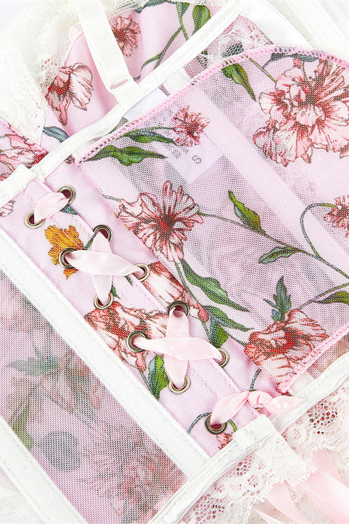 Pink Lace-Up Straps Floral Prints Laced Bustier Corset Top