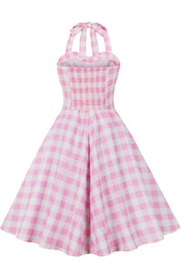 Pink Bow Tie Halter Plaid A-line Vintage Dress