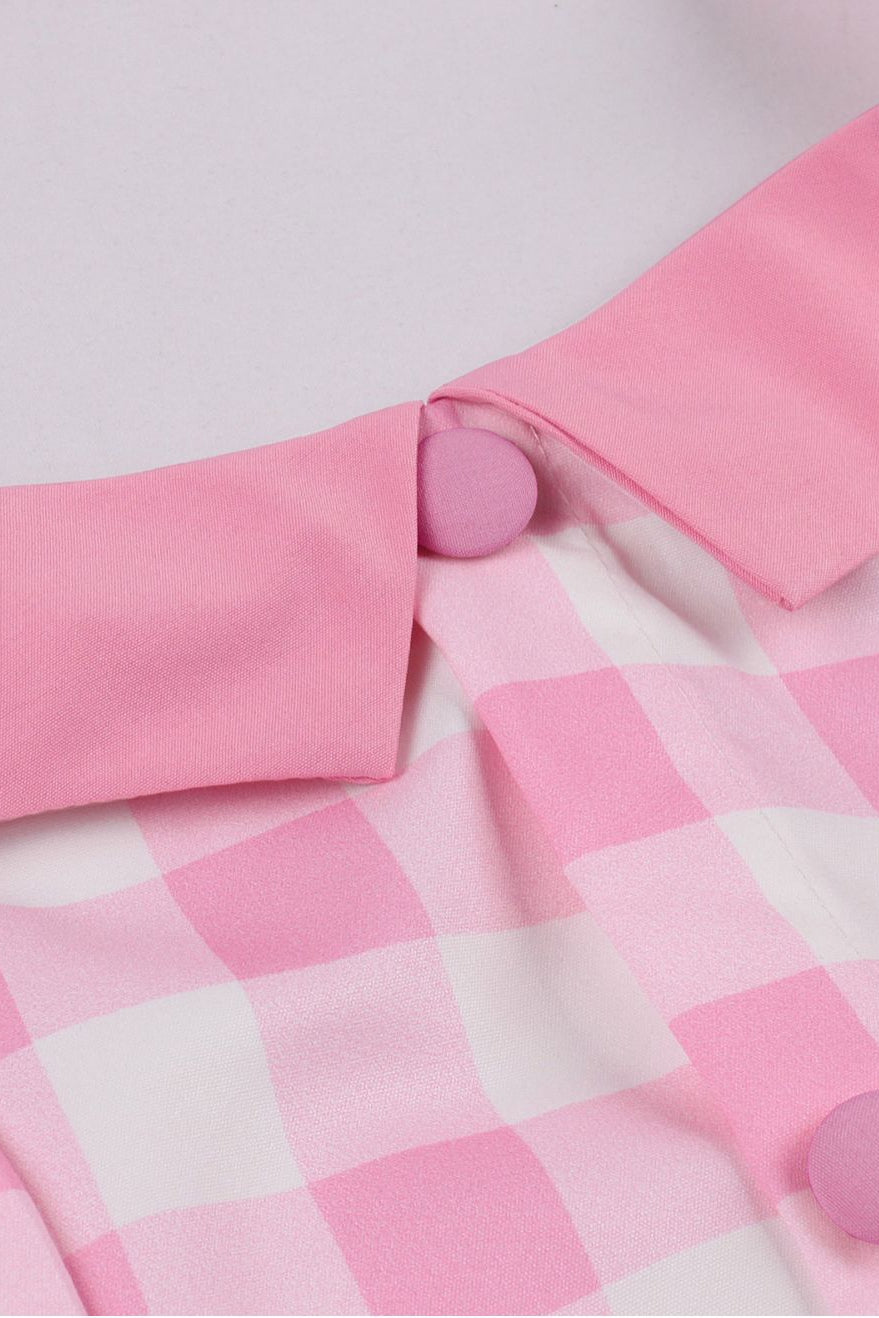Pink Bow Tie Halter Plaid A-line Vintage Dress