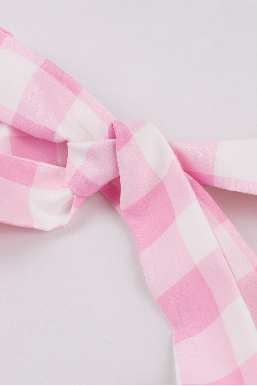 Pink Bow Tie Halter Plaid A-line Vintage Dress