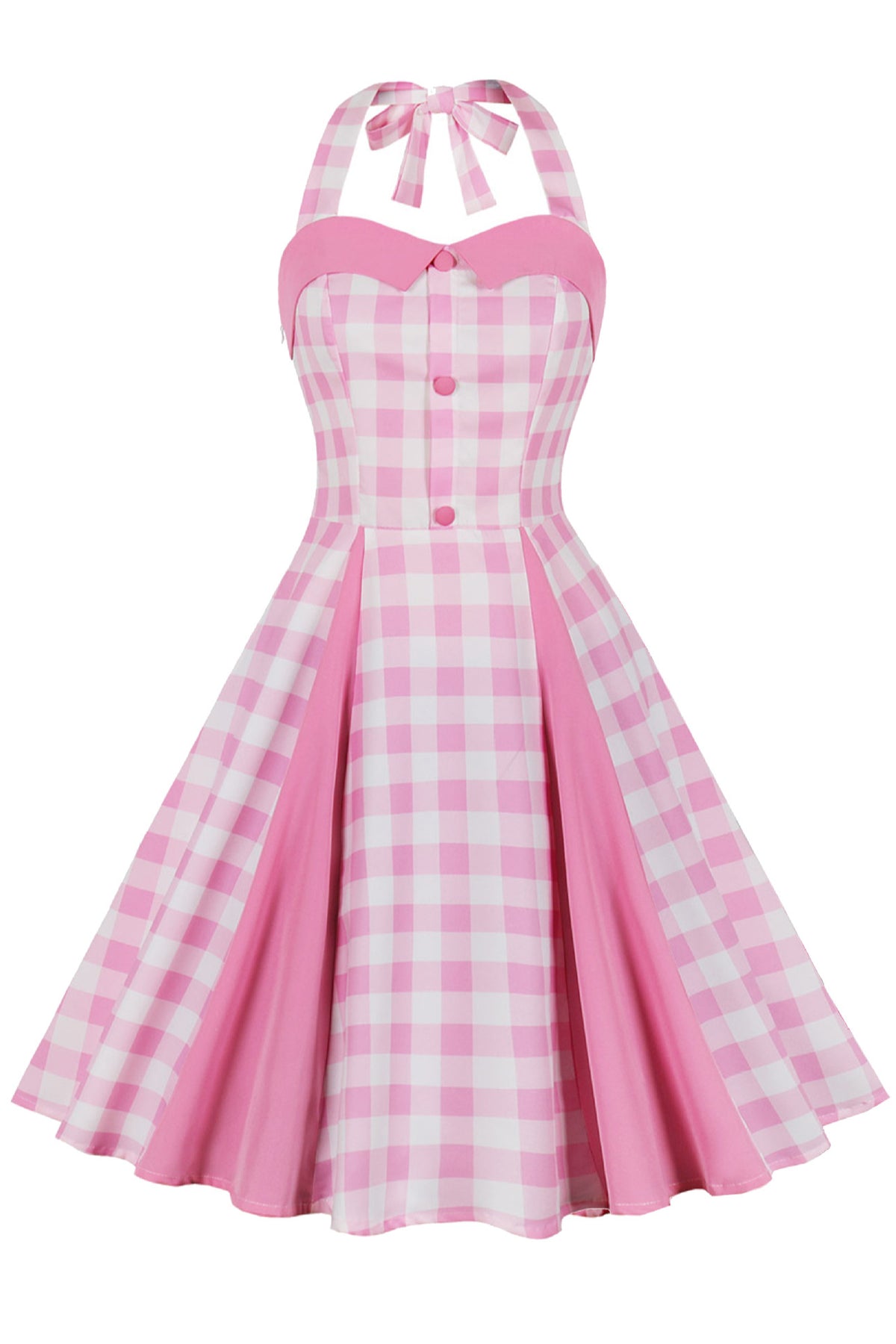 Pink Bow Tie Halter Plaid A-line Vintage Dress