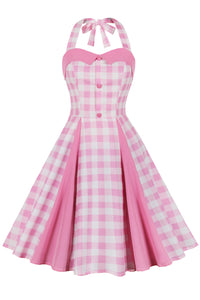 Pink Bow Tie Halter Plaid A-line Vintage Dress