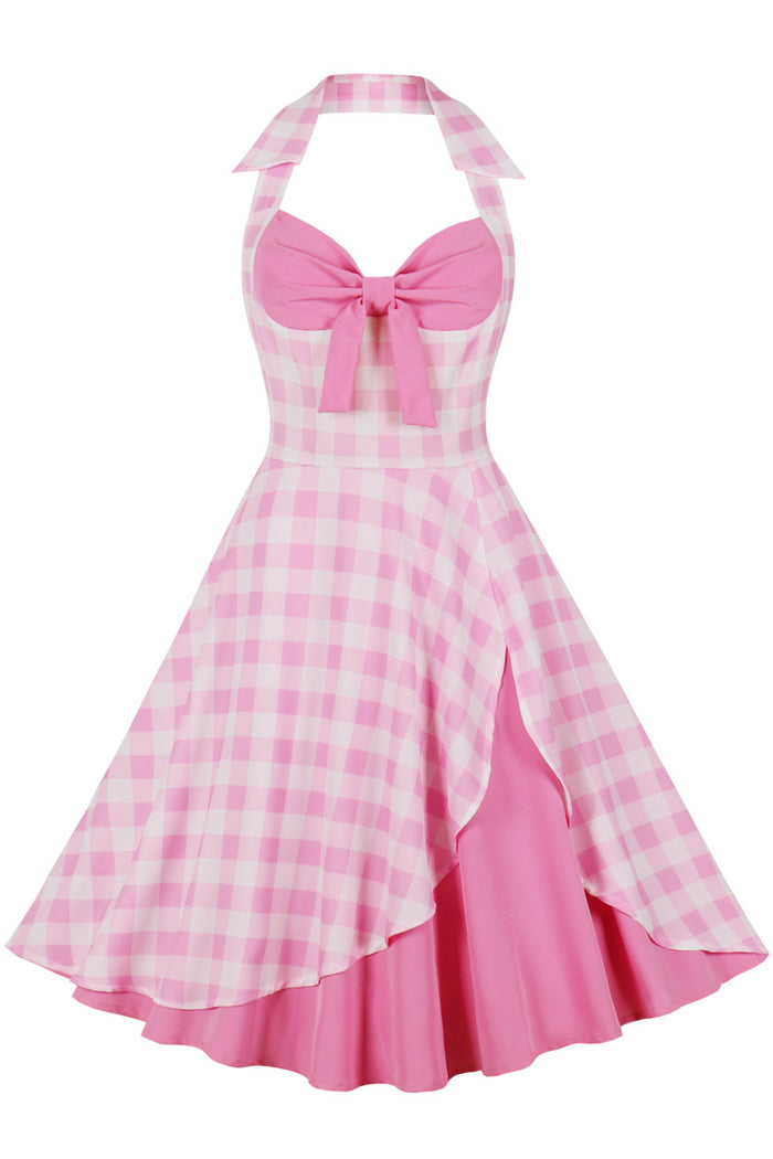 Pink Halter Plaid A-line Vintage Dress with Bow