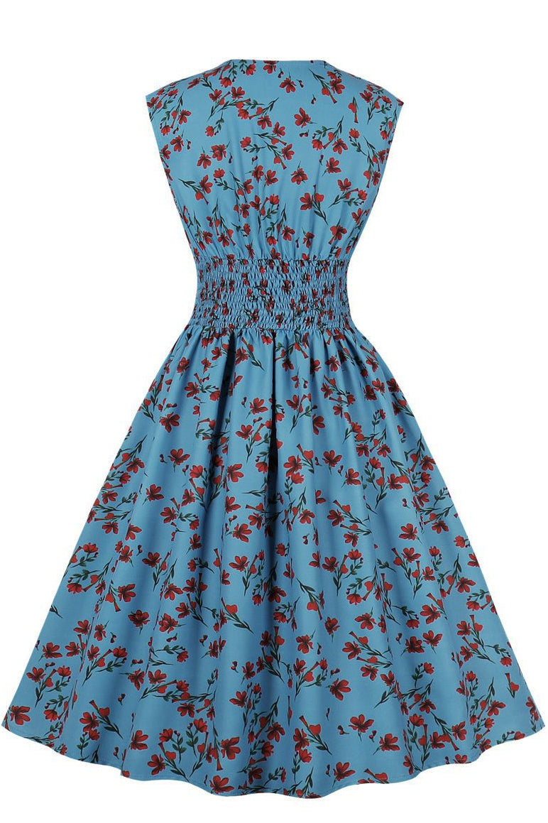 Herbene Blue Sleeves Flowers A-line Vintage Dress
