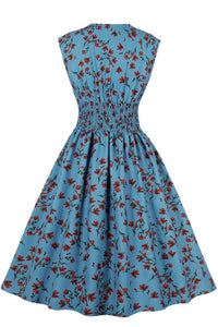Herbene Blue Sleeves Flowers A-line Vintage Dress