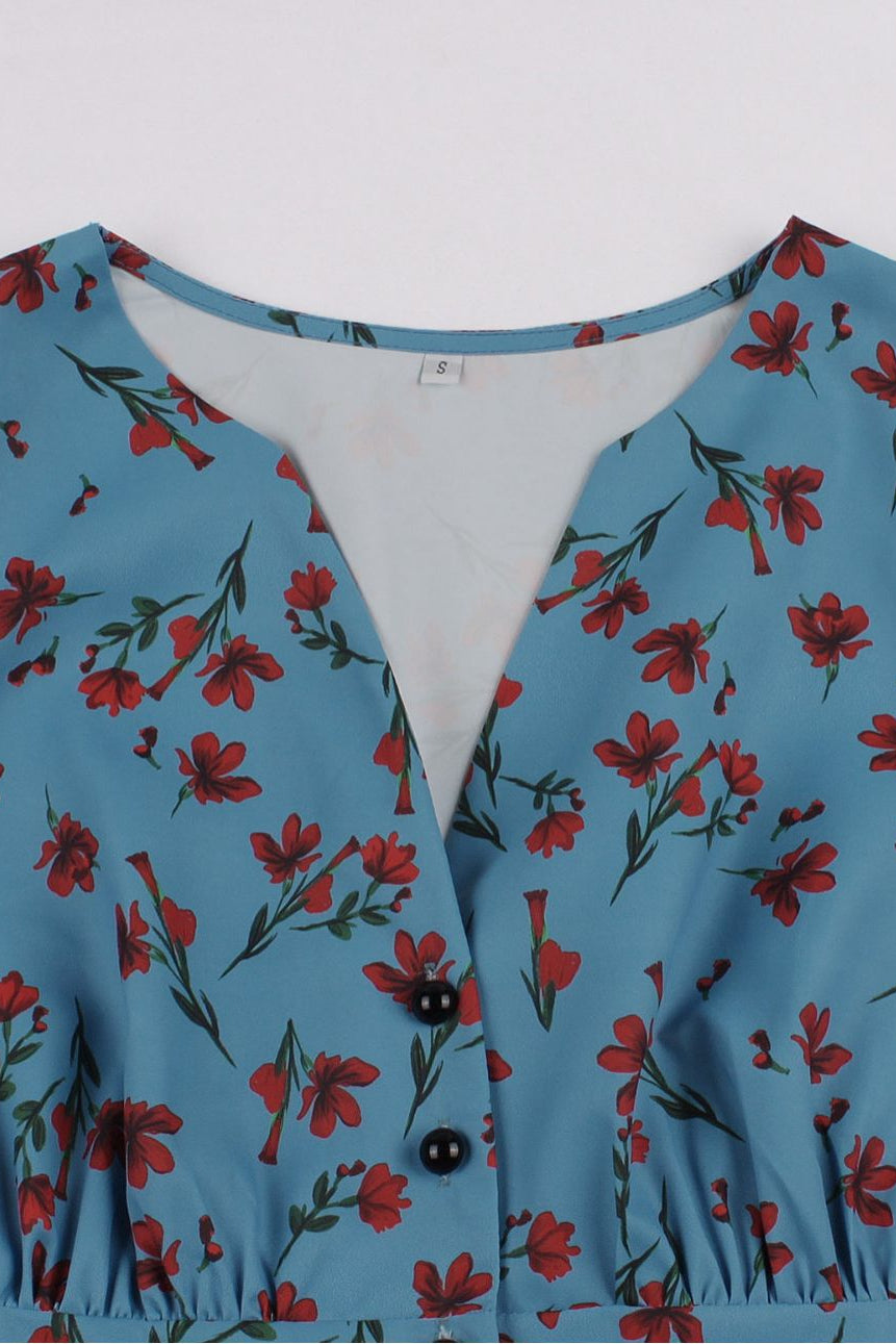 Herbene Blue Sleeves Flowers A-line Vintage Dress