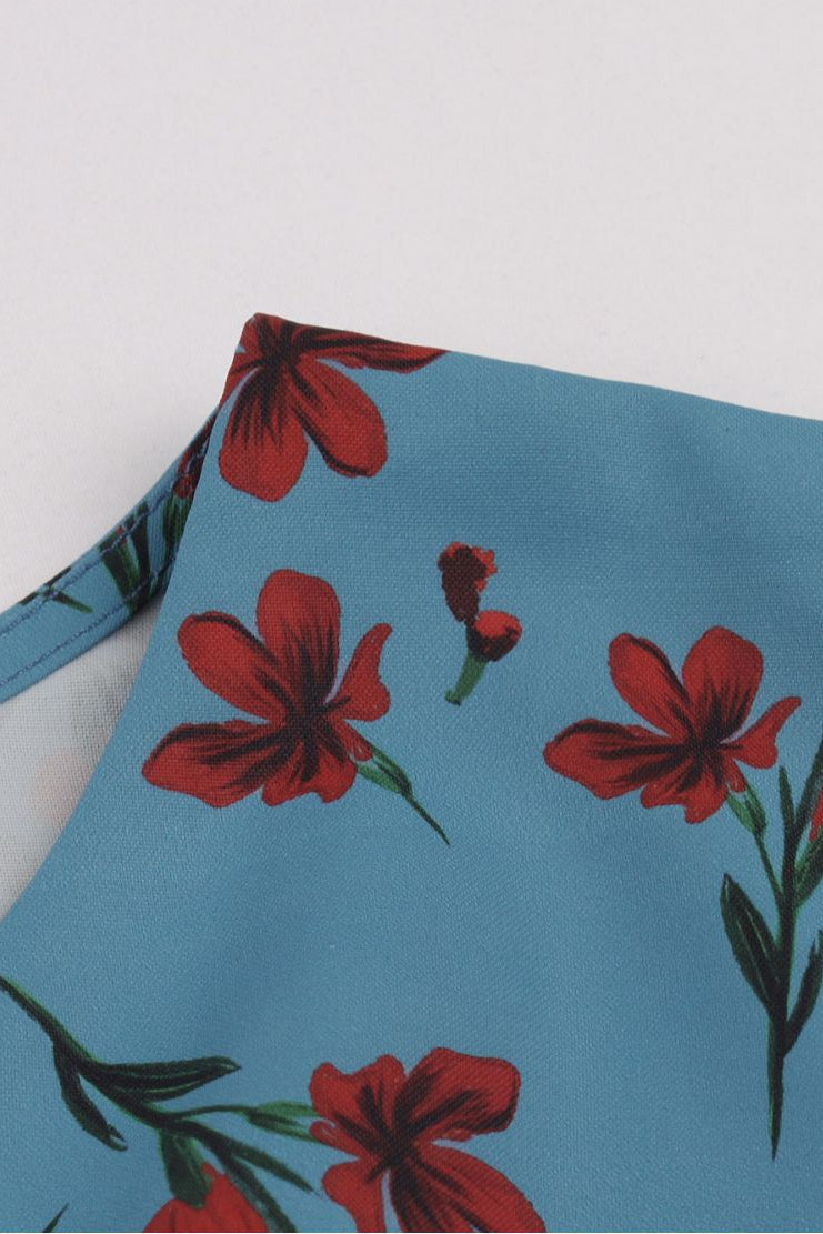 Herbene Blue Sleeves Flowers A-line Vintage Dress
