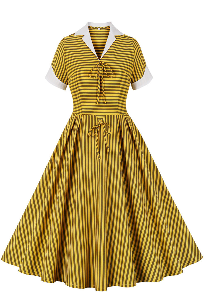 Herbene Yellow Stripes A-line Lapel Vintage Dress