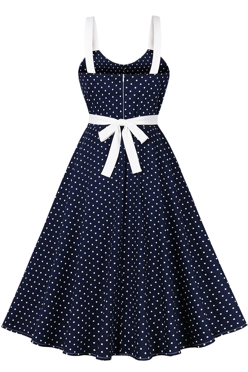 Navy Blue Dot A-line Vintage Dress with Bow