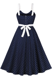 Navy Blue Dot A-line Vintage Dress with Bow