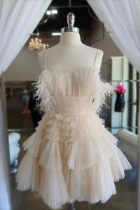Black Off-the-Shoulder Multi-Layers Homecoming Dress with Feathers