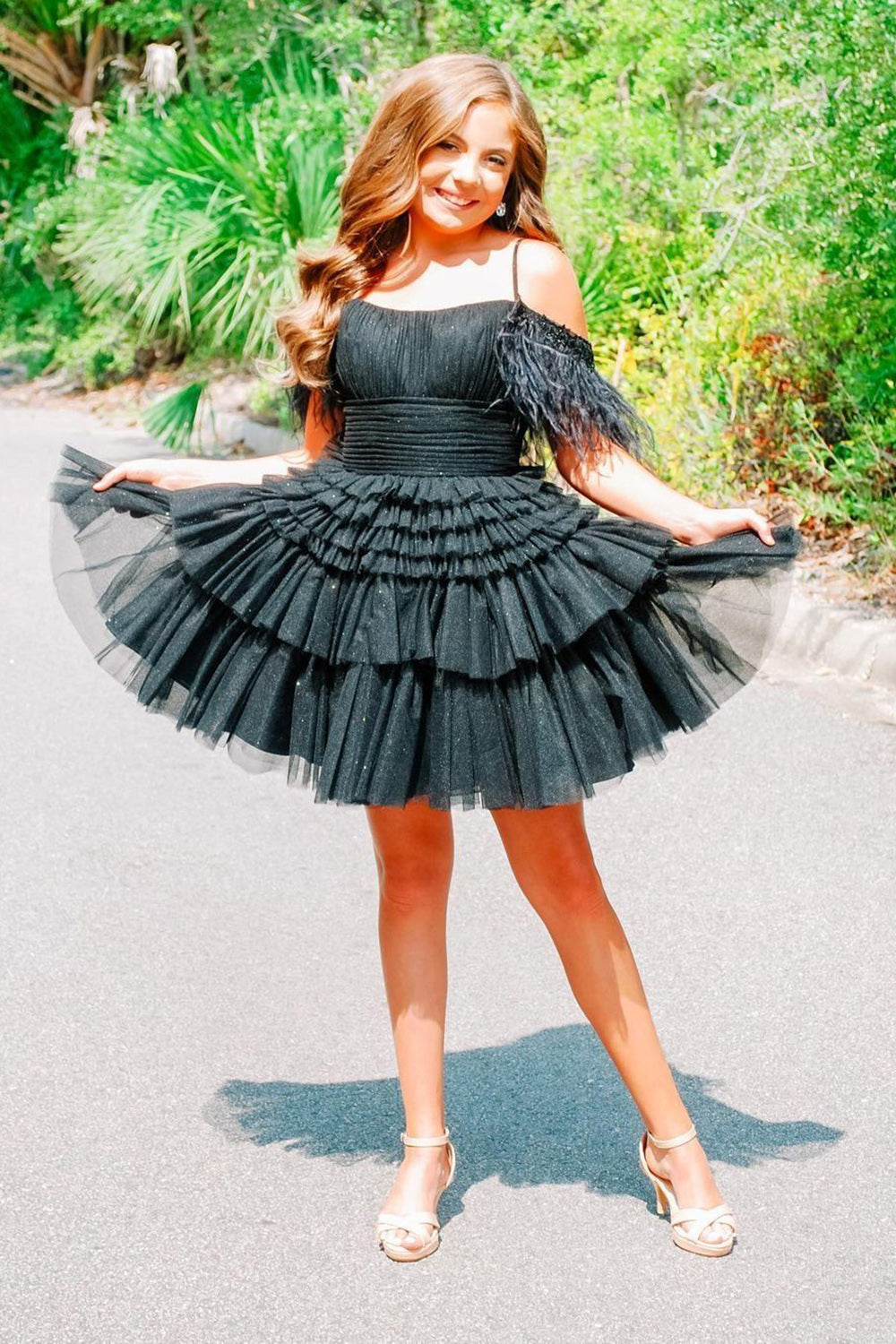 Black Off-the-Shoulder Multi-Layers Homecoming Dress with Feathers