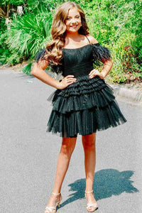 Black Off-the-Shoulder Multi-Layers Homecoming Dress with Feathers