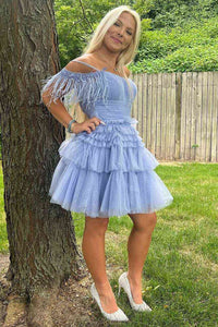 Black Off-the-Shoulder Multi-Layers Homecoming Dress with Feathers