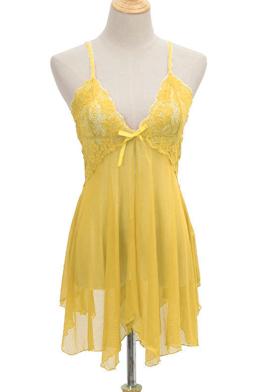 Yellow Tulle Deep V Neck Straps Lingerie