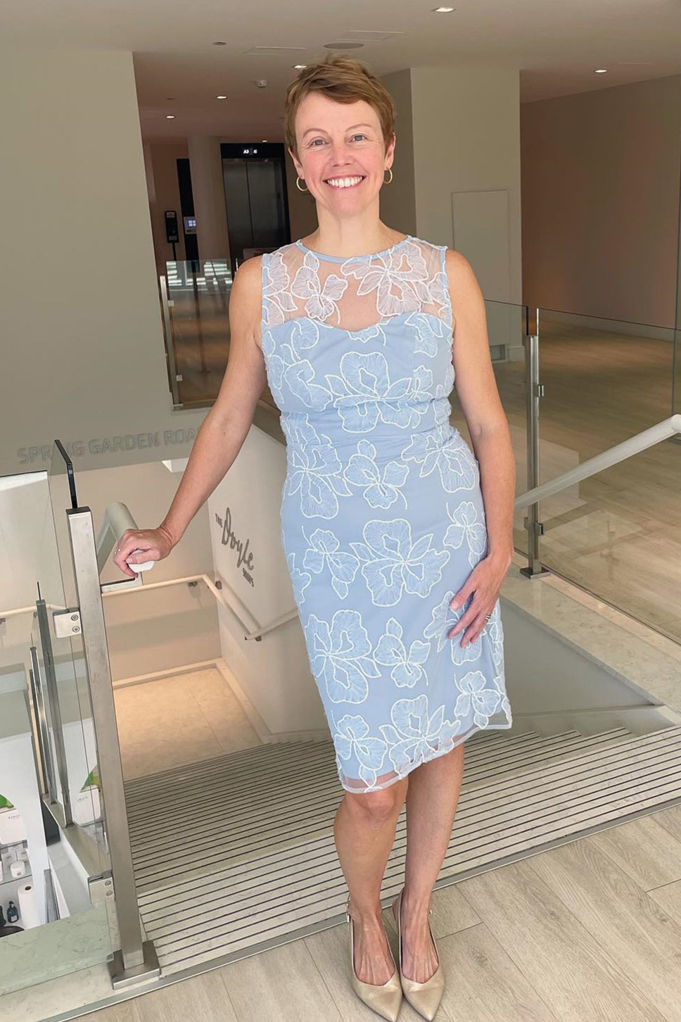 Light Blue Illusion Neck Appliques Sheath Tea-Length Mother of Bride Dress