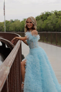 Pink Off-the-Shoulder Feathers Ruffle-Layers Beaded Long Prom Dress