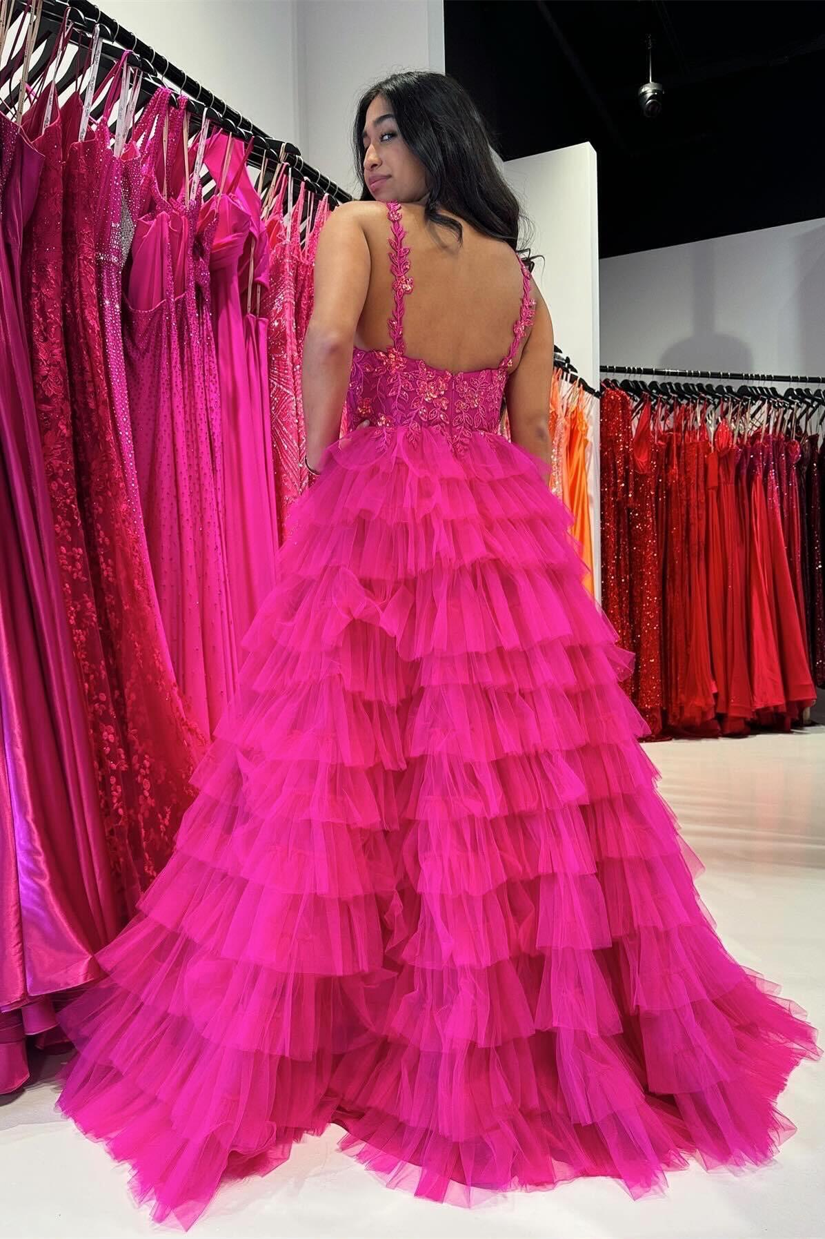 Fuchsia Layers Floral Tulle A-line Long Prom Dress