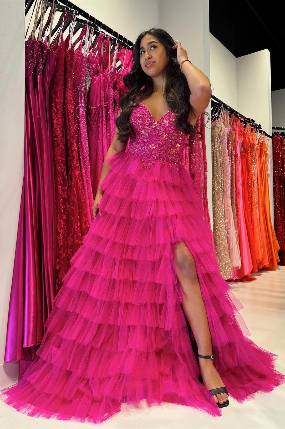 Fuchsia Layers Floral Tulle A-line Long Prom Dress