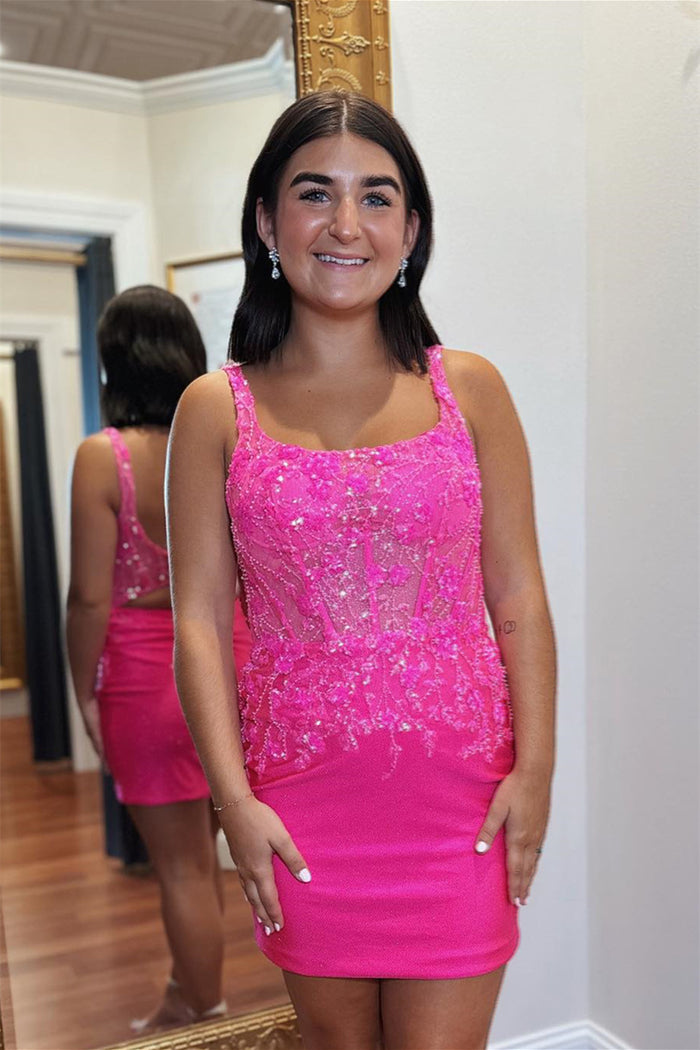 Hot Pink Sheath Satin Sequined Embroidery Homecoming Dress