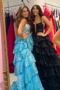 Sky Blue & Black A-line Straps Multi-Layers Sequined Long Prom Dress with Slit