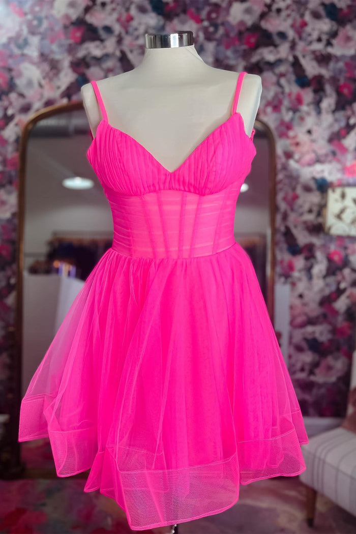 Hot Pink V Neck Straps Tulle Homecoming Dress
