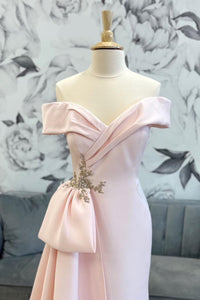 Pink Off-Shoulder Mermaid Satin Long Mother of Bride Dress