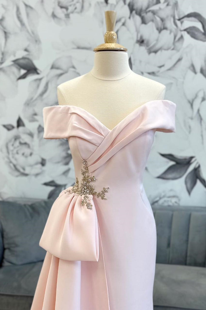 Pink Off-Shoulder Mermaid Satin Long Mother of Bride Dress