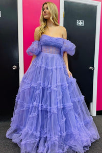 Fuchsia Strapless Tulle A-line Ruffles Long Prom Dress